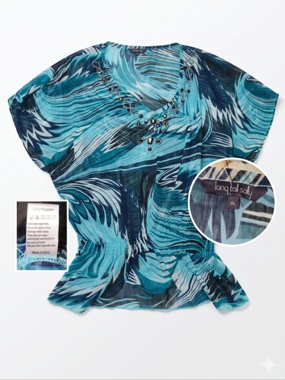 long tall sally Teal & Navy V-Neck Beaded Flutter Sleeve Blouse